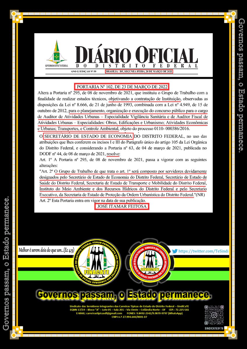 TeSindi's tweet photo. CONCURSO: AUDITOR DE ATIVIDADES URBANAS DO DISTRITO FEDERAL 

Portaria da Sec. de Economia, DODF de 28/03/22, altera a composição do Grupo de Trabalho  resp. pela contratação da Instituição que realizará o concurso para ingresso na Carreira de Auditoria de Atividades Urbanas https://t.co/bTdi0YkRfS