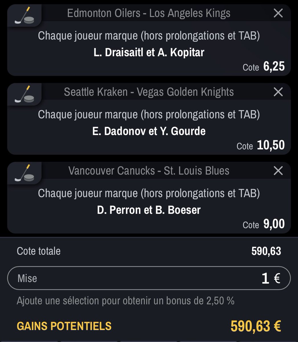 PronosTali's tweet photo. #NHL 🏒

Collab w/ @Flopro04 en FUN 🔥

🔸Combi DC Full map @ 22,17 W
Skinner Ehelrs
Vrana Bertu 
Draisaitl Kane
Keller Hertl
Dadonov Eichel
Perron Boeser

🔸Combi @ 20,30 W
Thompson (Buffalo)
Vrana (Detroit RW)
Hertl (Sharks)

🔸Les 2 marquent @ 590,63 W
Combi + Système 2/3 https://t.co/4dXjENH1OM