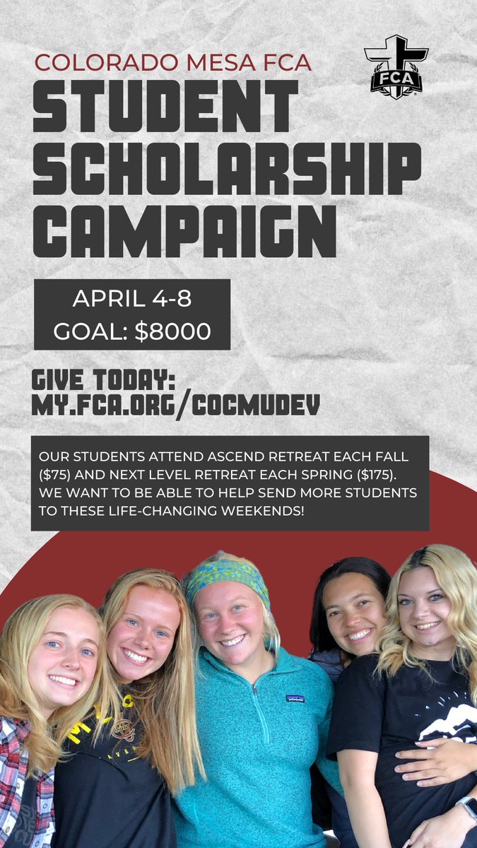 This spring we are raising $8,000 to go directly to CMU FCA student camp scholarships! Watch for more info starting Monday!

#ColoradoMesaFCA