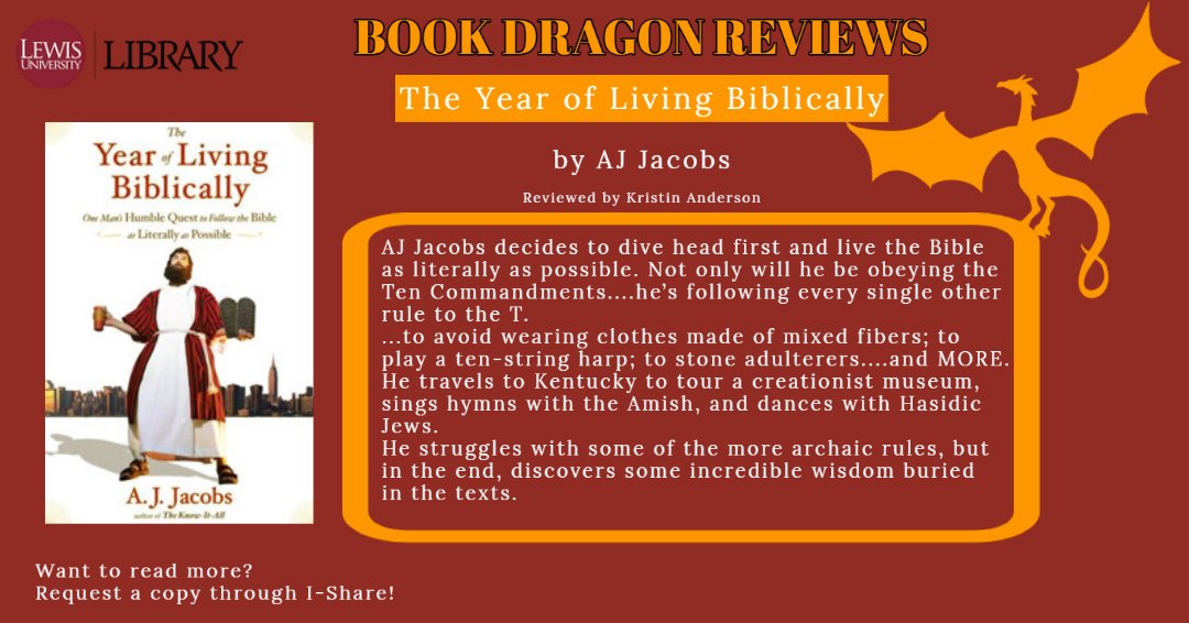 lewisulibrary's tweet photo. Not only is today #AprilFoolsDay, it's also #ReadingIsFunnyDay AND #HolyHumorMonth, so we thought the best book for today was "The Year of Living Biblically" by AJ Jacobs.
Get a copy here:
https://t.co/VEglKZFA42
#lewisu #teamlewislibrary #FunBookFriday https://t.co/mNbSWaU4CH