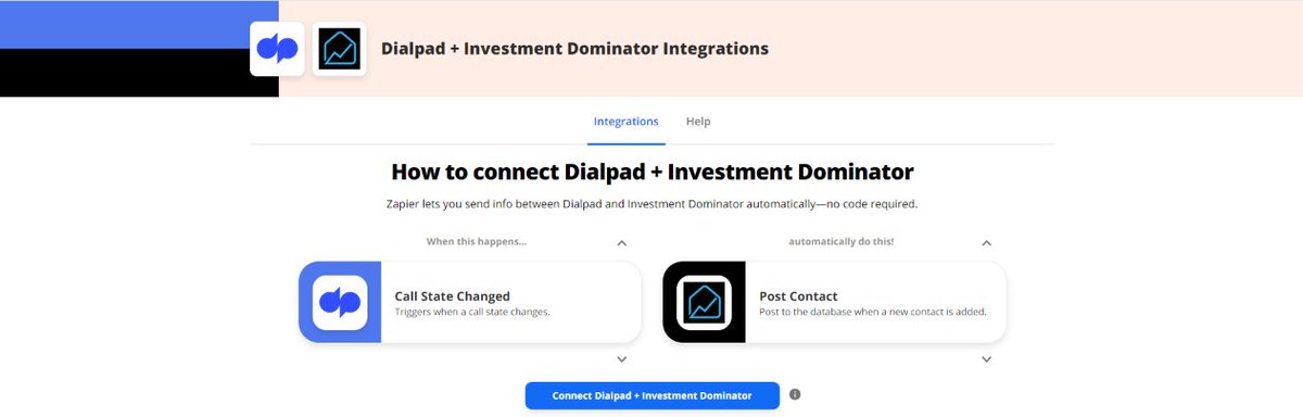 InvestmentDom's tweet photo. What if I told you it's possible to connect the Investment Dominator with Dial Pad. How do you ask? That's where the app Zapier comes in to help us achieve this. Review our new user guide article here: https://t.co/RyrF1bvLm2

#investmentdominator #landflip #zapier #realestate https://t.co/Abe4ZkJdbL