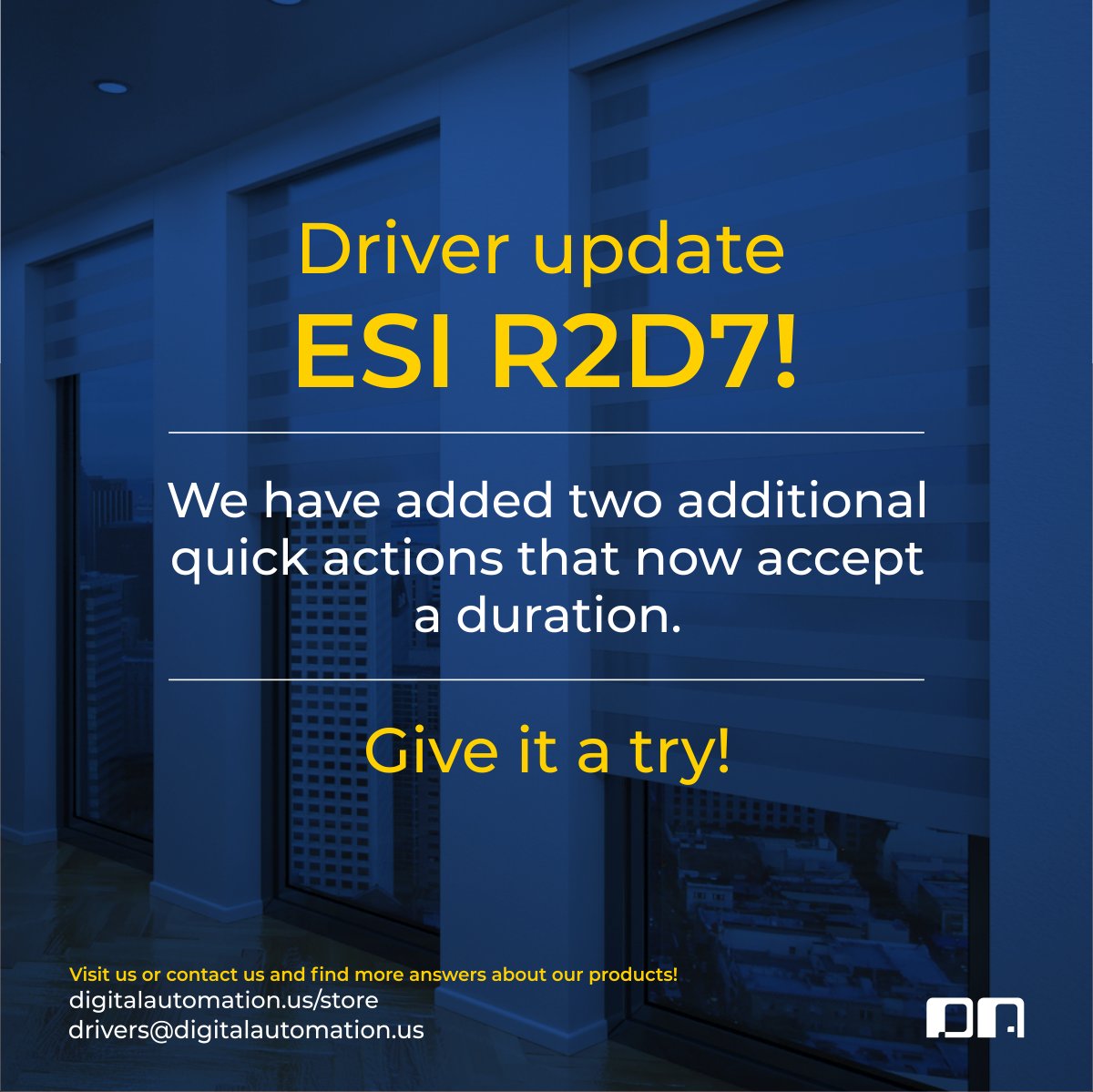 DAutomation's tweet image. New update to our ESI R2D7 @Crestron Home Driver !  We have added two additional quick actions that now accept a duration.

Give it a try!

digitalautomation.us/product/esi-r2…

#Crestron #shadescontrol #crestroncontrol #smarthome #homeautomation #crestronhome #smarthomeautomation