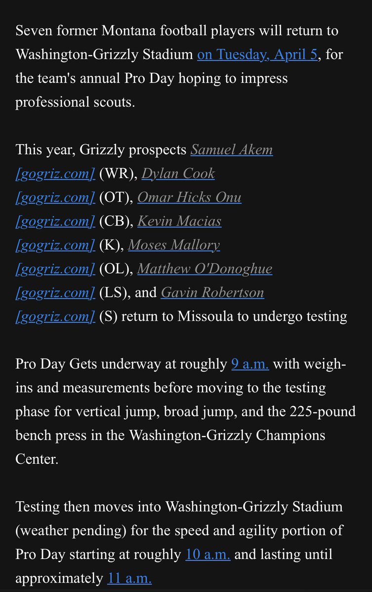 khansen406's tweet photo. #GrizFB announces that 7 former players will compete in a pro day next Tuesday. This includes WR @s_akem18, OT @dylanco10, K @kevinmacias_38, CB @OmarHicksDB, OL @mosesmallory71, LS @odonoghue15 and S @GavRay5. #BigSkyFB https://t.co/IFvZ7LXz7X