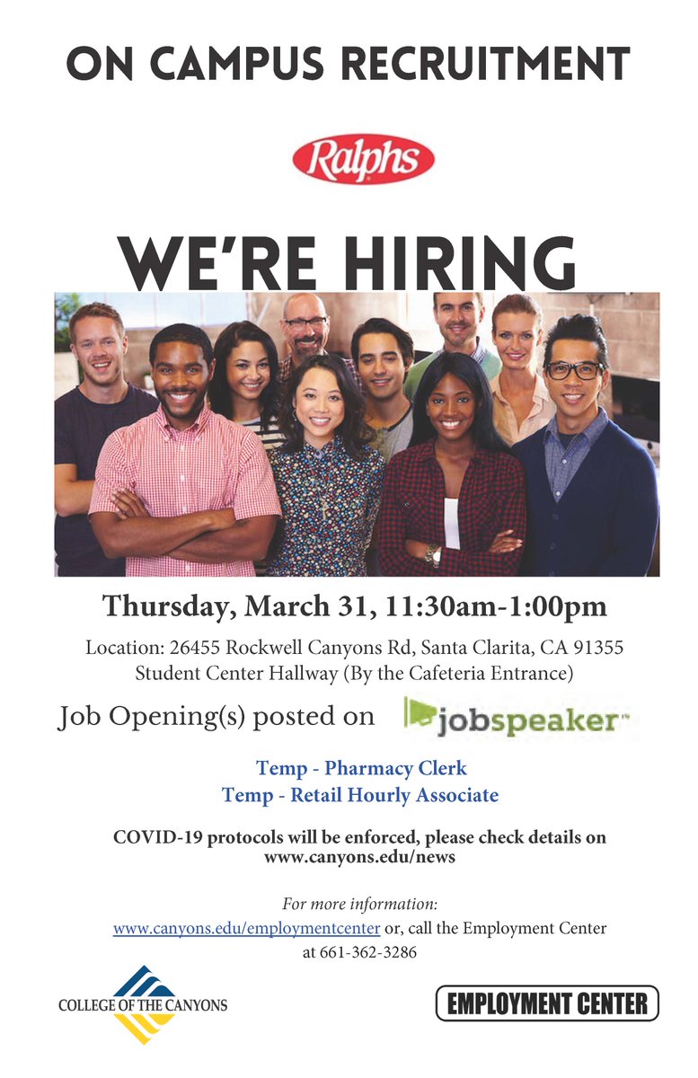 COCEmp_Center's tweet photo. If you're looking for a job in the retail industry, make sure you join us on campus to meet with Ralphs Representatives, March 31 between 11:30 and 1:00.  
https://t.co/W14mRVqKFk
#jobs #recruitment #COC #retail https://t.co/KXoJTHLYbA