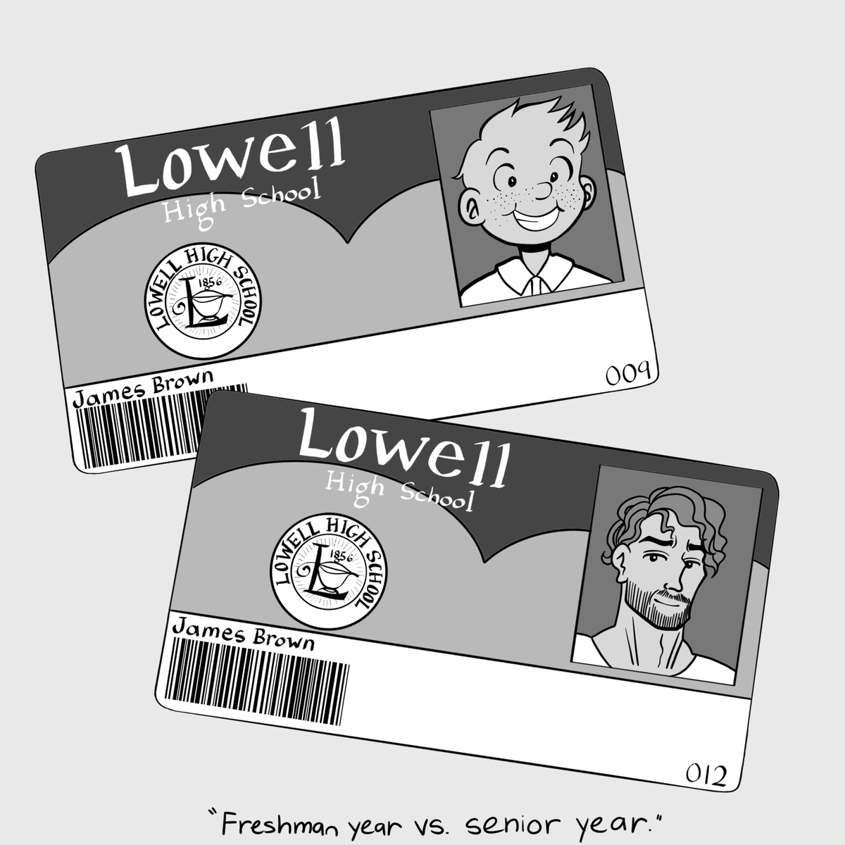 "Freshman year vs. senior year" Illustration by Nicole Wong.