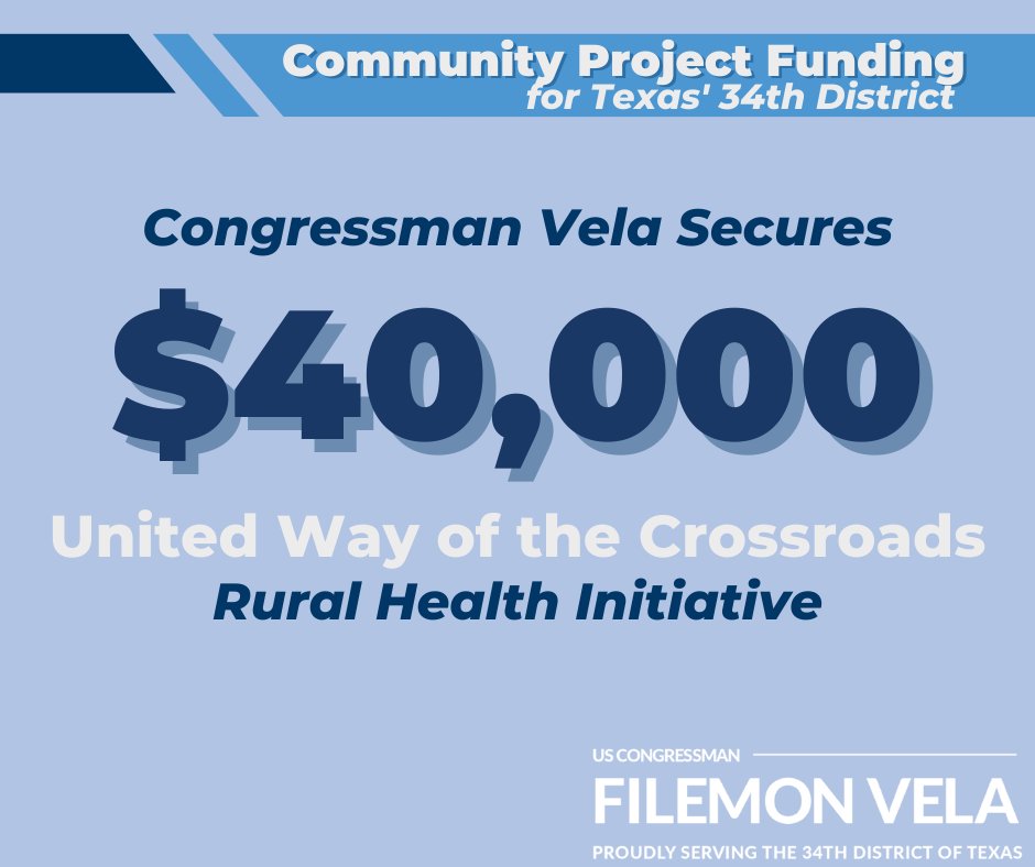 US Rep. Filemon Vela (@repfilemonvela) on Twitter photo I fought to include funding for #TX34 communities in the recent FY 2022 government funding package, where I've secured $40k for <a href="/UnitedWayXroads/">United Way Crossroads</a>, which serves #TX34 communities. Funds will support their Community Connections program, which improves access to health care services. I fought to include funding for #TX34 communities in the recent FY 2022 government funding package, where I've secured $40k for <a href="/UnitedWayXroads/">United Way Crossroads</a>, which serves #TX34 communities. Funds will support their Community Connections program, which improves access to health care services.