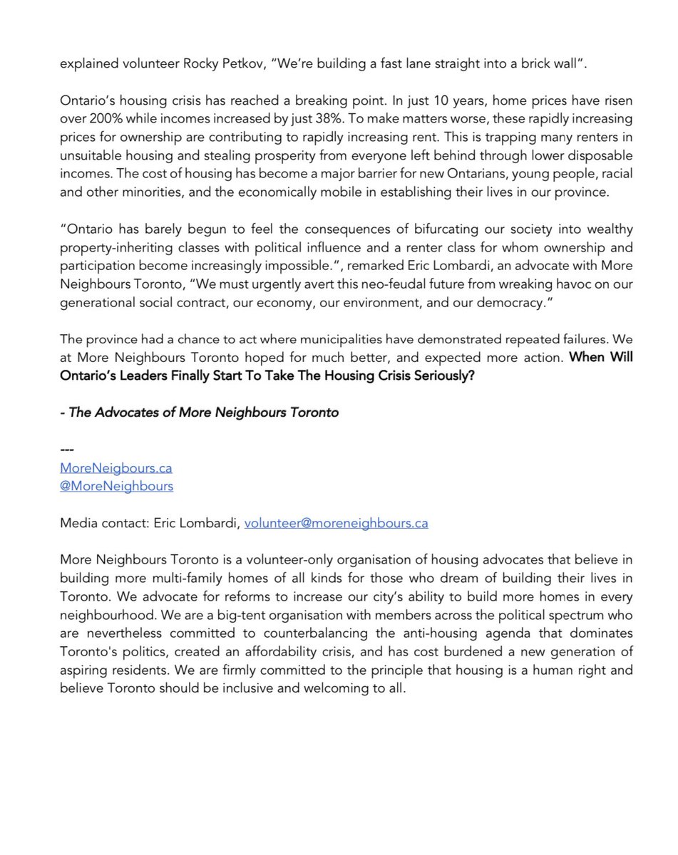 MoreNeighbours's tweet photo. Press Release - Ontario Bill 109

Today, our government and @SteveClarkPC are choosing to continue with inaction on addressing the housing crisis. 

We didn’t expect everything. But we hoped for much more. We are very disappointed. 

https://t.co/xMJo3NgvzM https://t.co/cyABFX8rr5