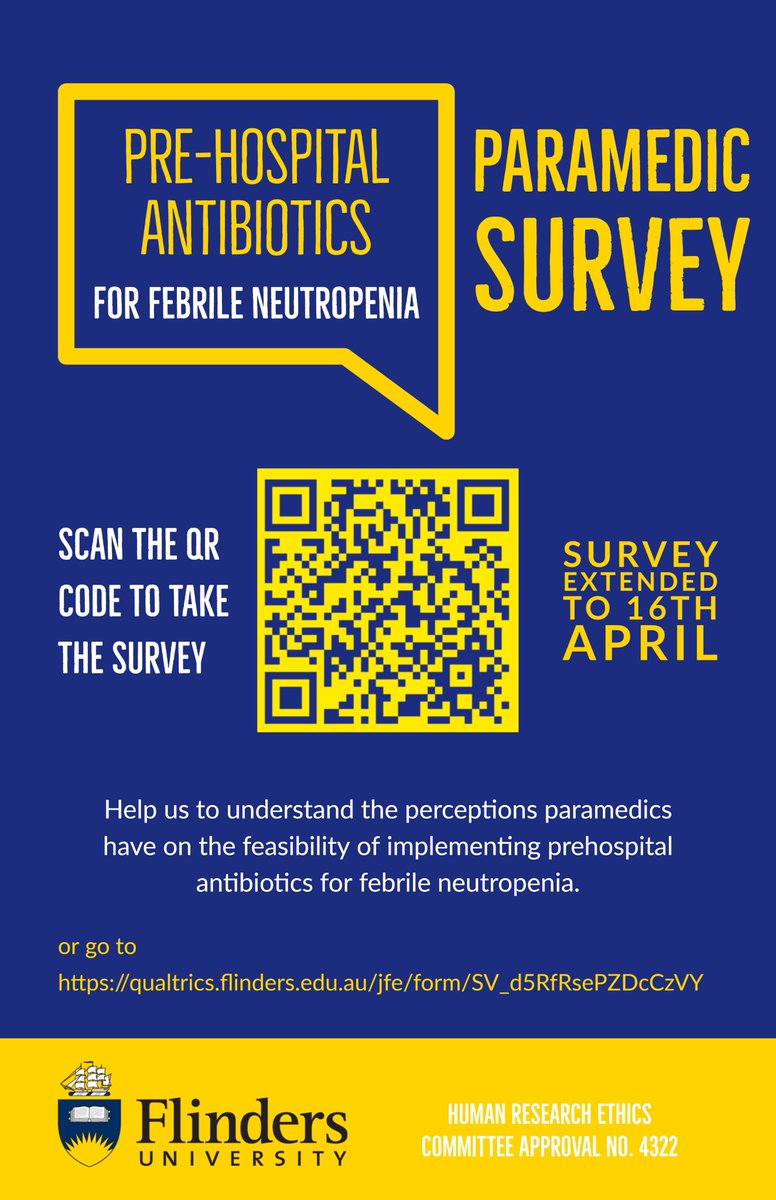 Calling all 🇦🇺 Paramedics 🚑! Please complete a short (10-15 mins) survey about the feasibility of prehospital antibiotics for febrile neutropenia. Honours paramedicine research undertaken at <a href="/FlindersParamed/">Flinders Paramedicine</a> <a href="/Flinders/">Flinders University</a>  bit.ly/3tSCBWx