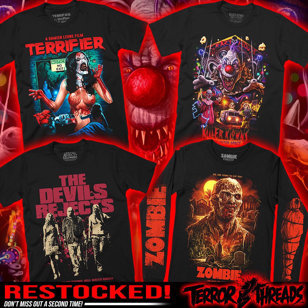 🚨Restock Alert!🚨Four recently sold out designs are now back in stock and ready to ship! Grab yours before they’re gone again only at TERRORTHREADS.COM 💀