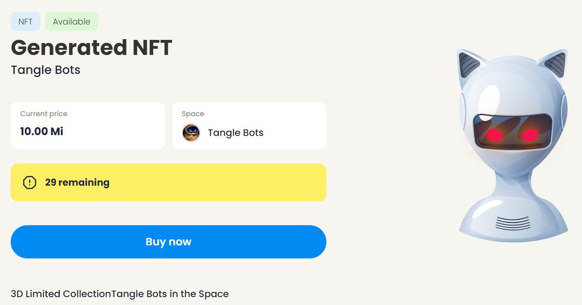 BotsTangle's tweet photo. #Tangle #Bots #3D #NFT we are live on #Soonaverse!

LAST CHANCE!!

3D Limited Collection Tangle Bots will be SOLD OUT shortly!!

https://t.co/EAzA6etYWC

20% Discount for members with XP > 99
40% Discount for members with XP > 199 https://t.co/bCbijh97ZW