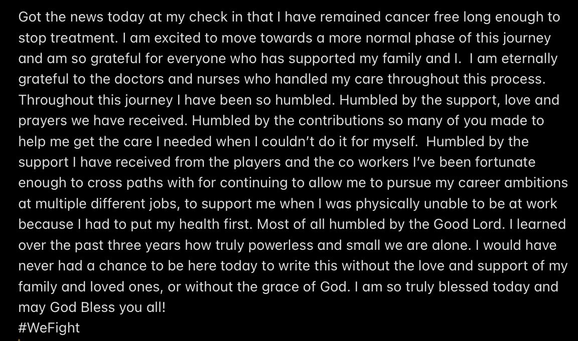 Wasn’t sure if this day was ever going to come, but I know it wouldn’t have had I had to go at it alone. Thank you to everyone who supported my family and I. I am officially cancer free and off treatment, and I am just so grateful. God is great!
#WeFight