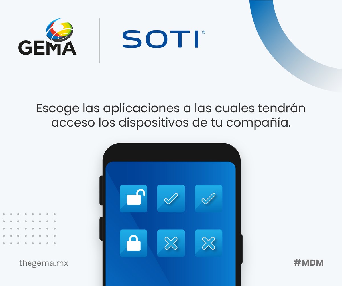 TheGemaLatam's tweet photo. Y ¿Si los dispositivos de tu empresa tuvieran solo las aplicaciones que los empleados necesitan? De seguro la productividad se elevaría como nunca antes.
aprende más aquí: https://t.co/m1YSPkzei5
#MDM #Administracióndedispositivosmoviles #SOTIMobiControl #SOTI https://t.co/6b3APGf1Ws