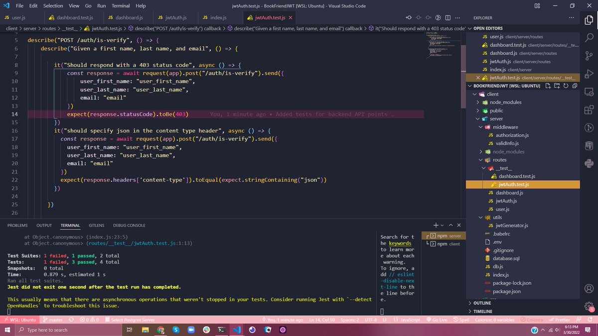 MakeItBreaux's tweet photo. [52/100] Just writing some quick tests for the server, testing API endpoints, handling the error cases. I've been using Jest and Supertest. I think I like testing the front-end side of things more, it doesn't melt my brain as much.
#Express #nodejs #jest #SuperTest https://t.co/ELw31bEHh8