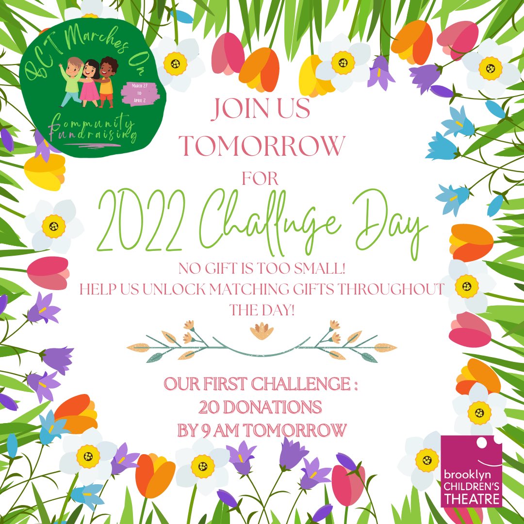 Help us meet our first goal of 20 donations by 9 AM to unlock an extra $3,000! Ask your community to support BCT and help meet our goals throughout the day! Links in bio!

#nonprofit #causes #artseducationmatters #artseducation #theatre #fundraiser #fundraising