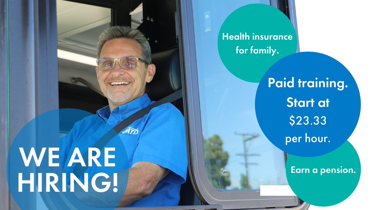 Looking for a rewarding new career? 

Join MTD as a bus operator. No commercial license required--get paid while you train! MTD offers $23.33 to start & an excellent benefits package.

To learn more and to apply, visit sbmtd.gov/busoperator/ 

#hiring #santabarbara #transitjobs