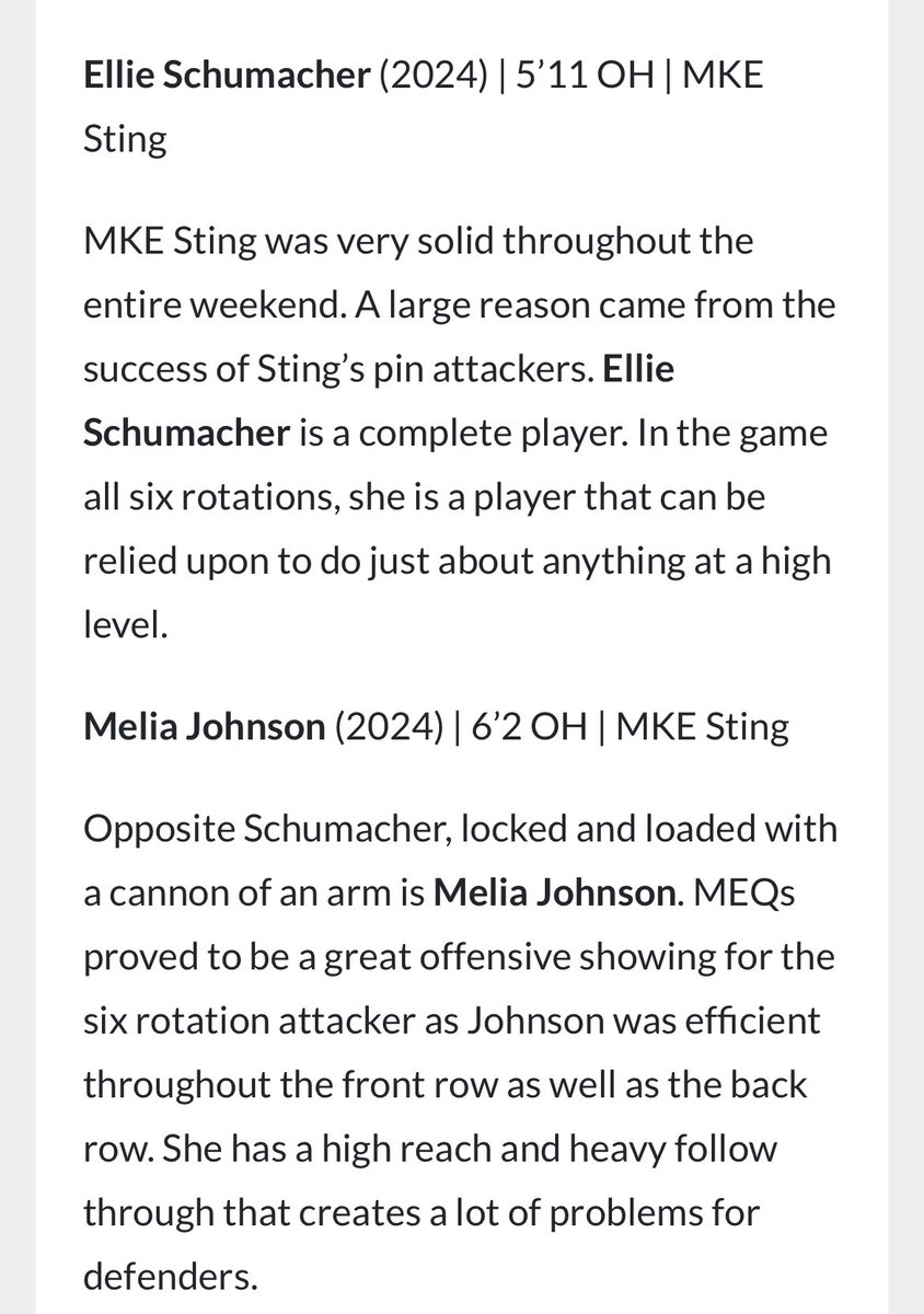 Milwaukee Sting 18-Gold 2024 (@sting_gold) on Twitter photo Melia and Ellie are making important contributions to our teamโs overall success this season. <a href="/melia_johnson39/">Melia Johnson</a> <a href="/ellieschu2/">Ellie Schumacher</a> Melia and Ellie are making important contributions to our teamโs overall success this season. <a href="/melia_johnson39/">Melia Johnson</a> <a href="/ellieschu2/">Ellie Schumacher</a>