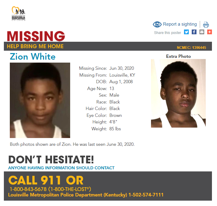 NCMEC's tweet photo. #MISSING!
Zion was last seen June 30, 2020 in Louisville, #Kentucky.

https://t.co/jsPGfovlRf https://t.co/vZRvGGPHuY