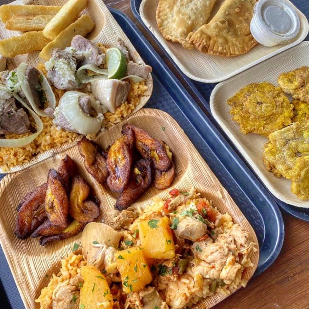 Creative variety of food selections. Try our 3 Compartment Palm Leaf Plates for your parties or celebrations! #parties #springparties #outdoor #camping #palmleafplates #cubanfood #latinfood