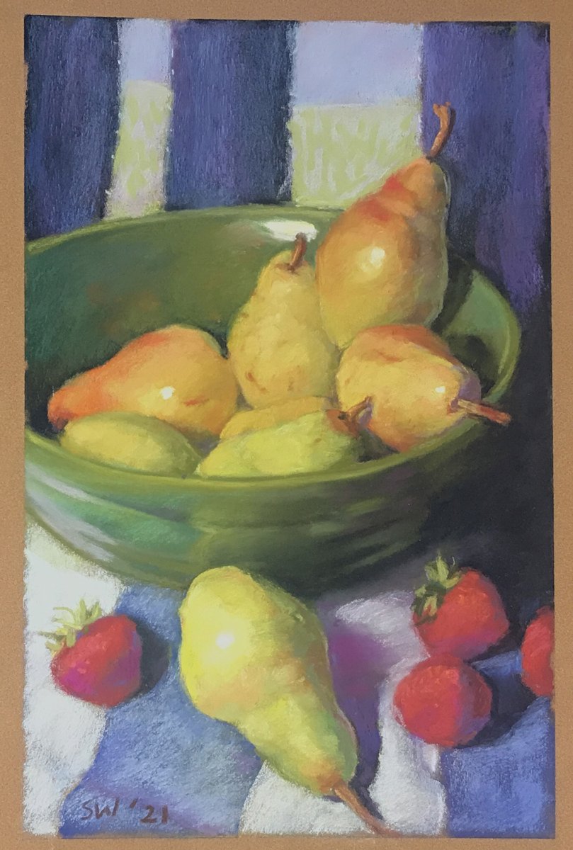 Pastelistaz's tweet photo. These luscious pears have just come off the easel!  This is an original pastel still life now available in my Etsy shop! https://t.co/jvxi8ZaZnx #artofTwitter #fruitstilllife https://t.co/UtMo52MASN