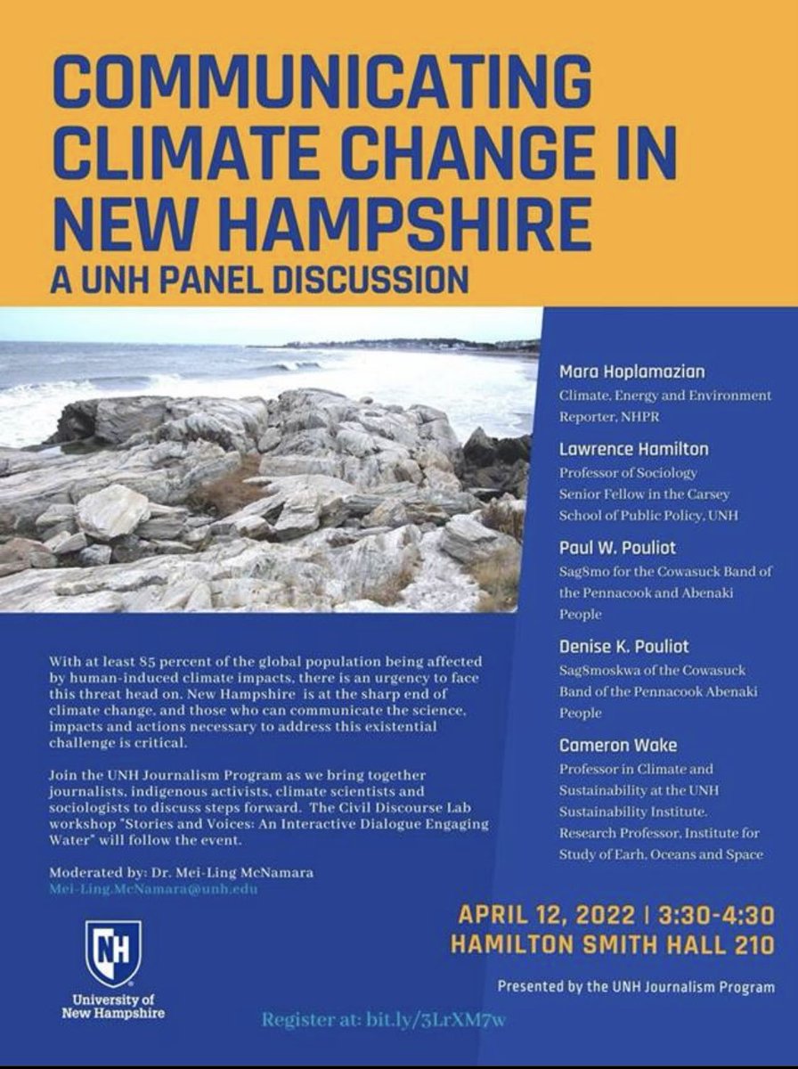 SAVE THE DATE: April 12th, 3:30-4:30, HS 210. Join us for a special UNH Panel Discussion on Communicating Climate Change in New Hampshire hosted by the Journalism Program. 

Follow this link to register today: unh.az1.qualtrics.com/jfe/form/SV_5t…