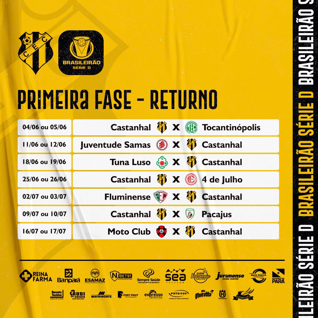 Castanhalec1924's tweet photo. CONFRONTOS DEFINIDOS!
Com datas sujeitas a alterações e confirmações pela Confederação Brasileira de Futebol (CBF), nossos jogos da Primeira Fase (Turno e Returno) estão definidos.
Vamos Juntos com o JAPIIM!
#BrasileiroSerieD #JuntosPeloJapiim #Castanhal #Japiim https://t.co/nMsqFGe4VC