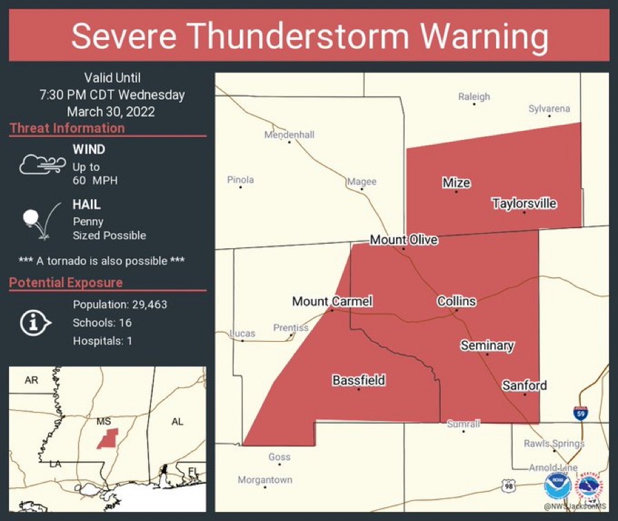 visittvillems's tweet photo. ⚠️ ALERT: A SEVERE THUNDERSTORM WARNING has been issued for southern Smith County by @NWSJacksonMS until 7:30PM CDT. Wind gusts to 60mph and penny-sized hail are possible with this storm. A TORNADO IS ALSO POSSIBLE. SEEK SHELTER NOW! https://t.co/OGqFs3liy5