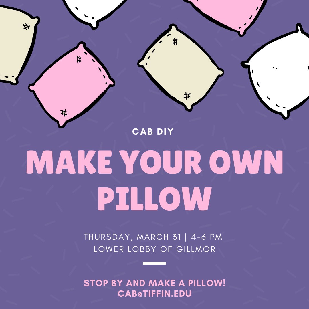 Hey everyone! Come join us tomorrow for our decorative pillow making DIY. We will be set up from 4-6 in the lower lobby of the Gillmor Center. Hope to see you there!