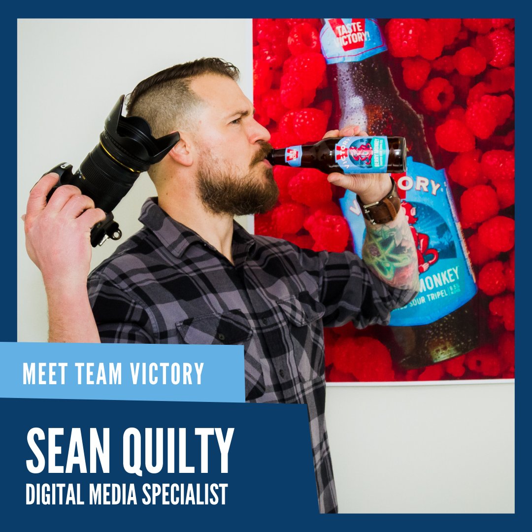 VictoryBeer's tweet photo. Meet Sean Quilty our Digital Media Specialist. "I create visual content like photos, videos &amp; graphics. Been a fan of great beer for a long time so getting to do what I love for Victory is fun. So I drink beer &amp; make cool s***." Join our team today! #MeetTeamVictory #TasteVictory https://t.co/M5AXLn3TDl