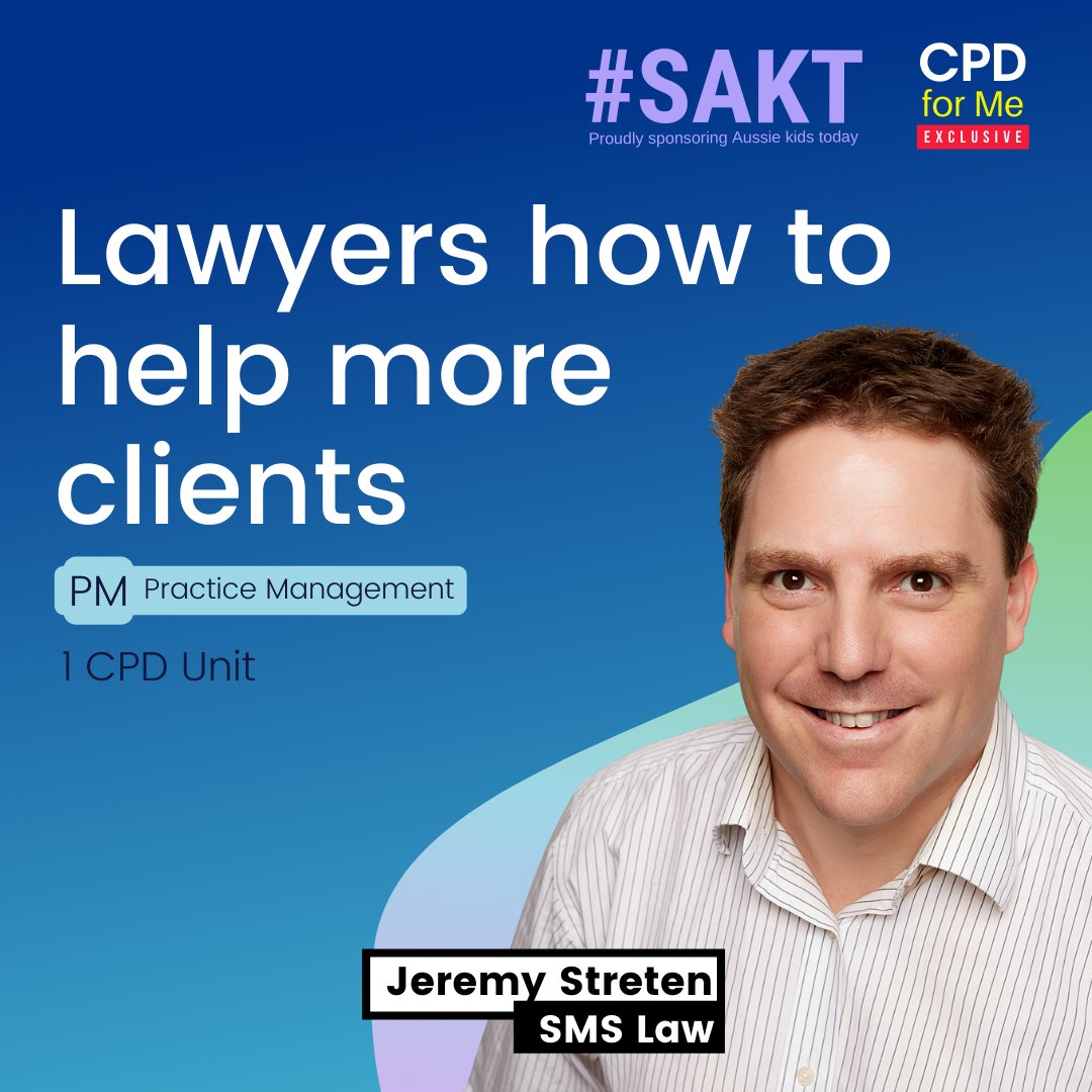 CPD_LIVE's tweet photo. WATCH NOW 2022 LAWYERS CPD 24/7 on any device | Lawyers how to help more clients with Jeremy Streten | 1 CPD Unit Practice Management >>https://t.co/NMLPNGxpqP

Published exclusively by @CPDforMe, online learning for busy lawyers &amp; accountants sponsoring Aussie kids today. https://t.co/kJFB5ssaJA