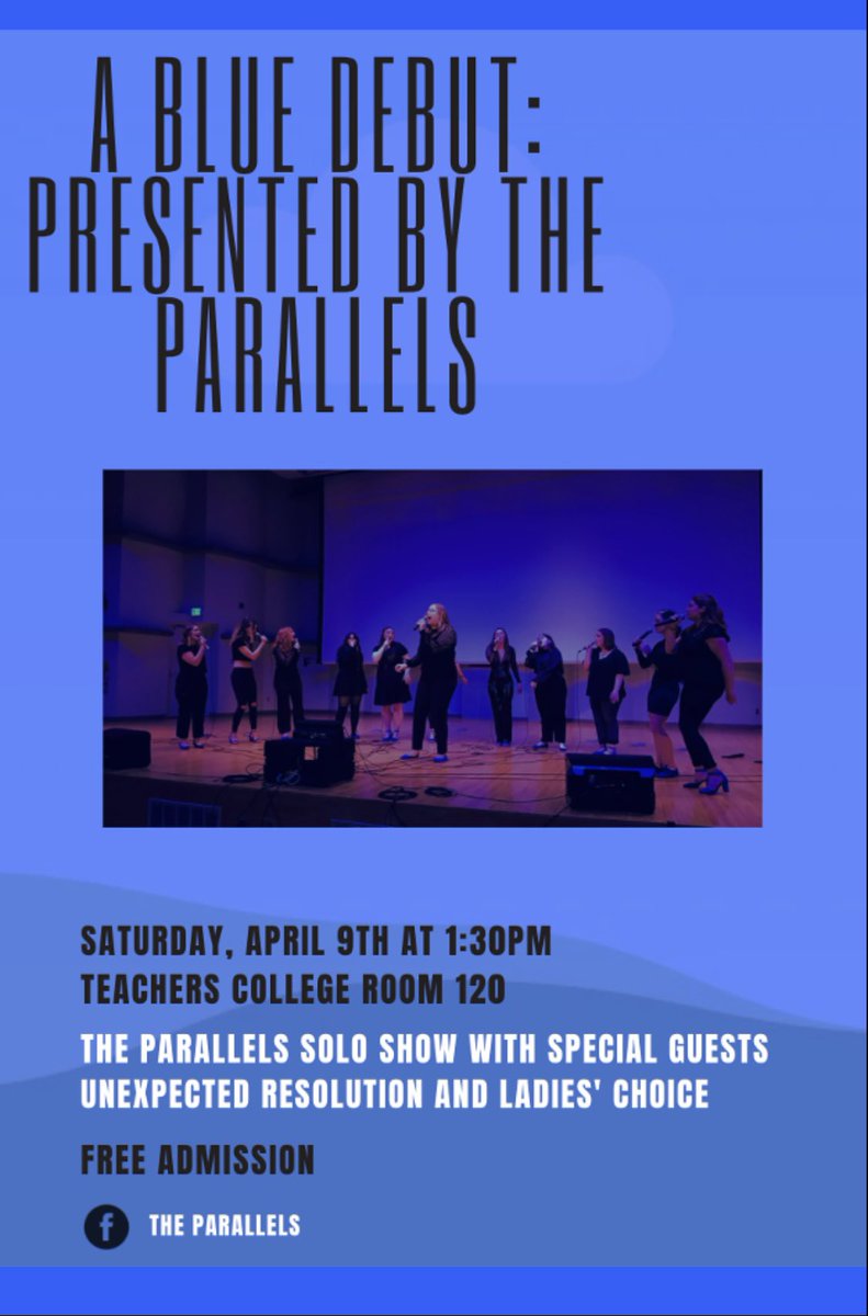 TPL is very excited to announce our solo show, The Blue Debut!! We have some brand new songs and amazing guest performances by Ladies choice and Unexpected Resolution. Mark your calendar’s for April 9th @ 1:30 in Teachers College 120.