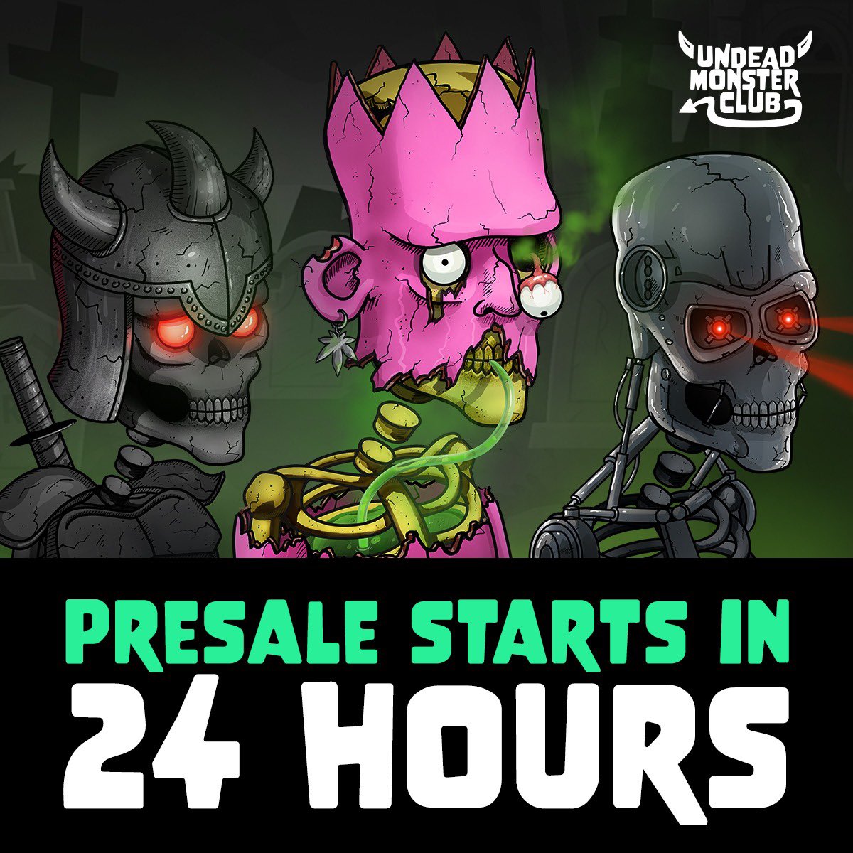 UMCNFT's tweet photo. Presale in 24 hours!🥳Mint will be live on our official website at 8pm EST. Make sure to join the UMC discord and get involved. Limited whitelist spots left available… don’t miss⏳🧟♂️
👉Discord: https://t.co/bLpJYy187A
#UMC #UndeadMonsterClub #nft #nfts #nftart #nftcommunity https://t.co/L7SdhIBJws