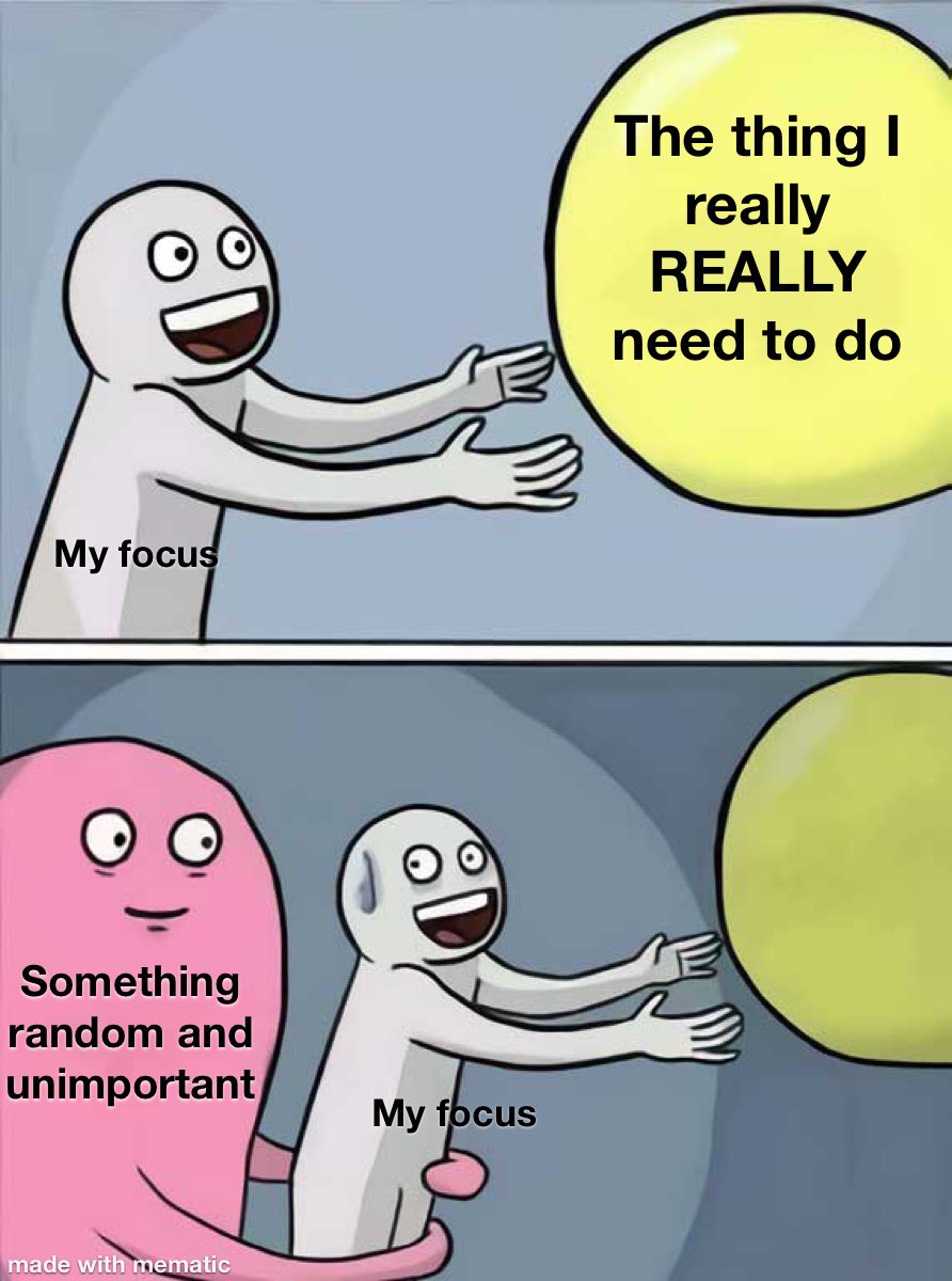 Time to focus. On the wrong thing. 

<a href="/OpenAcademics/">OpenAcademics</a> <a href="/AcademicChatter/">Academic Chatter™</a> #AcademicTwitter