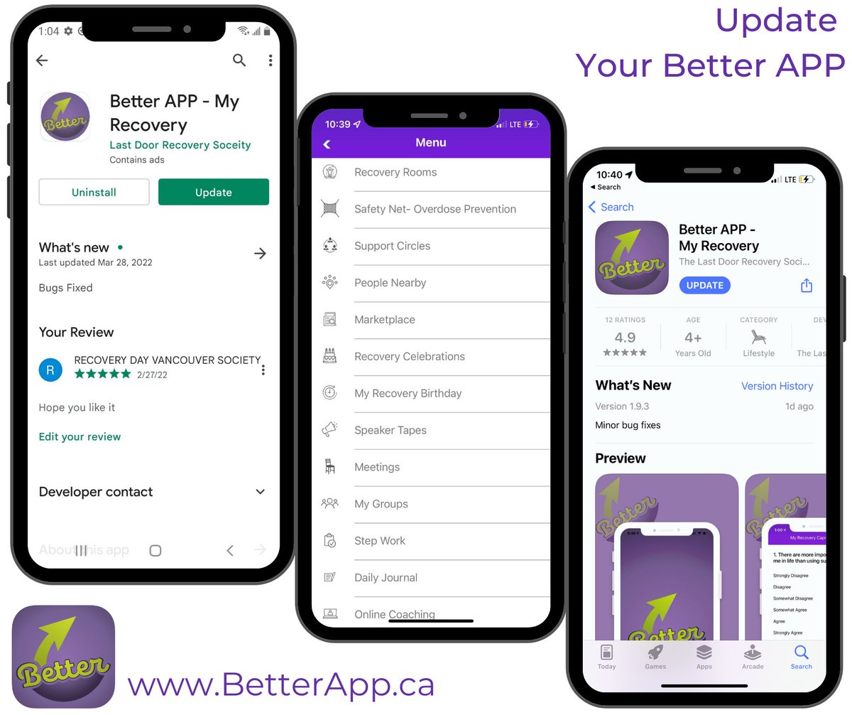 Last_Door's tweet image. There’s a new update of Better - My Recovery App on your App Store today. 
#soberAPP #12stepApp #overdosepreventionapp #recoveryCaptial #StopOverdoses #HarmReductionApp #RecoveryApp #recoveryjourney
BetterAPP.ca