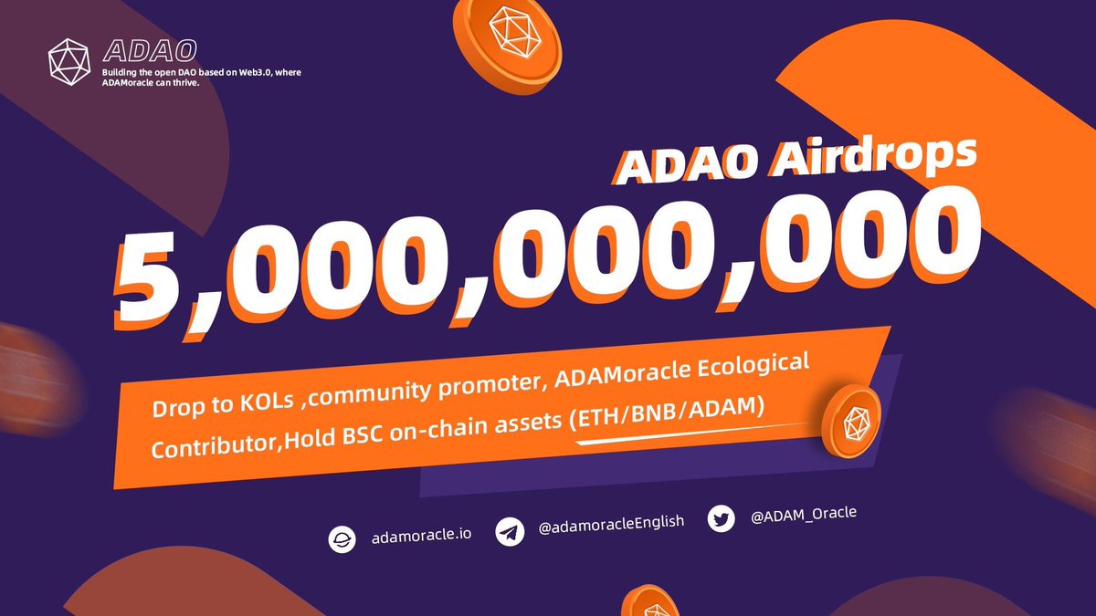#ADAO 是一个基于Web3.0的
#DAO 平台,支持<a href="/ADAM_Oracle/">ADAM （ADAMoracle） 🇬🇧</a>加密数据计算网络.发放200个白名单无门槛Claim100,000枚,100:1兑换$ADAM  (Pancake$8.0) 
1、关注<a href="/ADAM_Oracle/">ADAM （ADAMoracle） 🇬🇧</a>，<a href="/DaoDelvin/">DelvinDAO</a>
2、转推+点赞
3、加入电报群:t.me/adamoracleChin…
4、填写BSC地址等待加白 
forms.gle/X29WMDjHfpTQob…
 #Airdrop