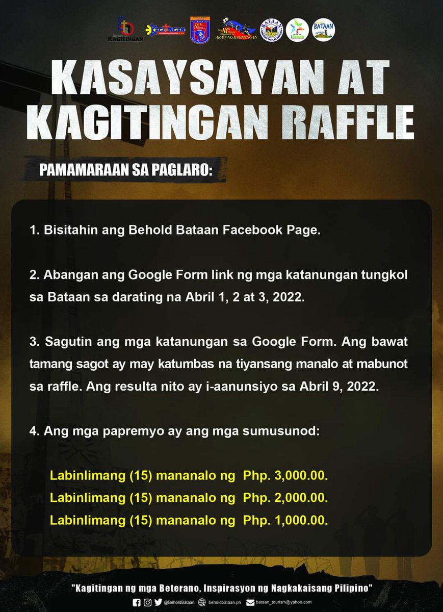 BeholdBataan's tweet photo. Tuklasin ang kwento ng kagitingan ng mga Bataeño at magkaroon ng tiyansang manalo ng papremyo! Aming inaanyayahan ang lahat na sumali  sa Kasaysayan at Kagitingan Raffle!

Basahin ang pamamaraan sa paglaro https://t.co/vz8k50DFo2
