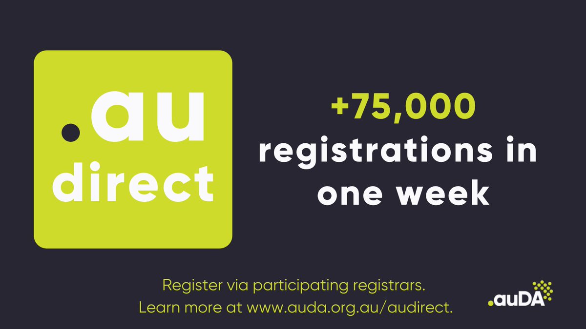 auda's tweet image. Great to see support for Australia’s newest namespace with more than 75,000 .au direct domain names registered in the seven days since launch. What will .au change for you? Learn more at: getyour.au #audirect