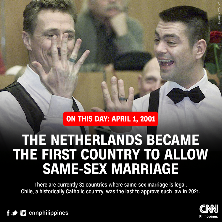 newswatchplusph's tweet photo. It was a big win for the LGBTQ+ community 21 years ago today when the Netherlands became the first country in the world to introduce same-sex marriage 💍

Should it be legalized in the Philippines? Share your thoughts below 👇🏽 https://t.co/5B3WoMTO2x