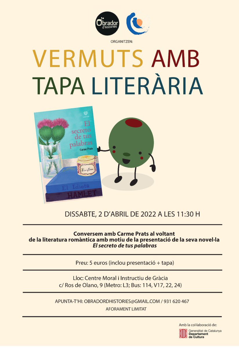 Aquest dissabte parlem de literatura romàntica tot fent el vermut. T’hi apuntes? <a href="/ObradorEd/">Obrador editorial</a>