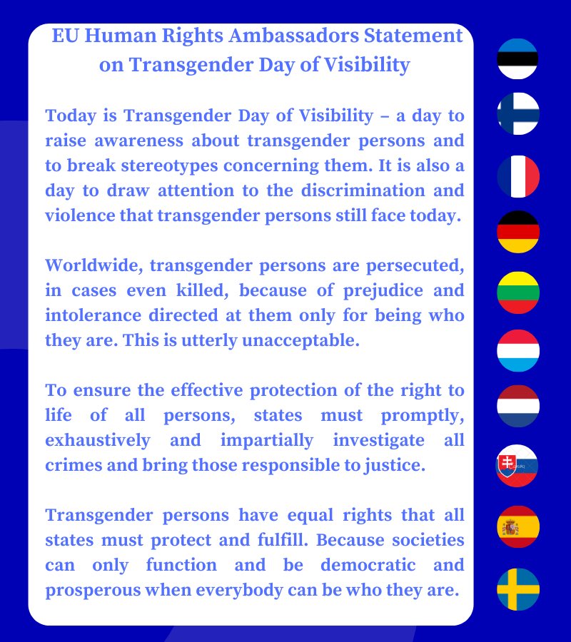 BTahzibLie's tweet photo. Today is the #TransgenderDayofVisibility - #TDoV

🌈 A day to raise awareness about transgender persons &amp; to break stereotypes concerning them
🌈 A day to draw attention to the discrimination &amp; violence that transgender persons face

⬇️ Statement by the EU #HumanRightsAmbassadors https://t.co/tQqDCI5O8p