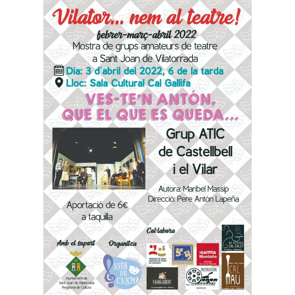 Nana0F's tweet photo. Amigues, amics,
S'apropa la cloenda de la Mostra de teatre Amateur a Sant Joan de Vilatorrada, organitzada per Anem de Canto. El dia 3 d'Abril, a les 18:00h a Cal Gallifa, el Grup ATIC de Castellbell i el Vilar representarà "Ves-te'n, Antón, que el que es queda..."! https://t.co/UNApyExFyQ
