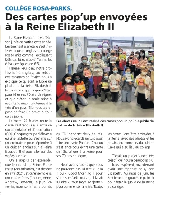 Peut-être ces élèves de 6è3 auront-ils une réponse "from Her Royal Majesty"? In english, of course...🫖☕️🎂