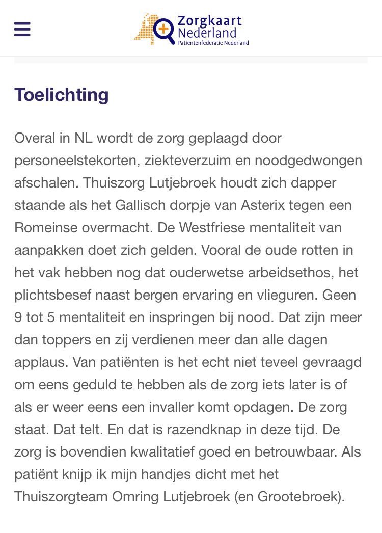 MonicaAnth's tweet photo. Wat een mooie waarderingen Zorgkaart Nederland voor het @Omring team Lutjebroek (en Grootebroek)
#omdenken #wijkverpleging #omring https://t.co/7vomYzaMaA