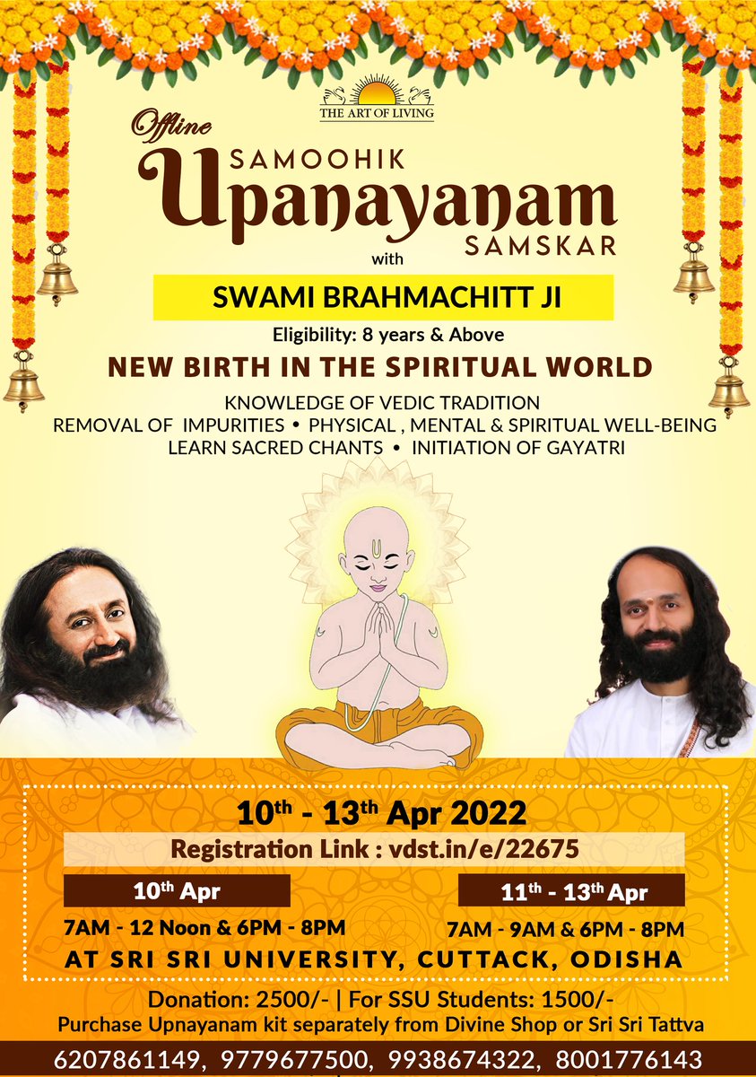 Priyamhanse's tweet photo. #After2longyears 🤩 
#Afterlockdown

*🌼Chaitra Navratri Special Offline Samoohik UPANAYANAM Samskar🌼*📿

*with @SwamiBrahmachit Ji 🌸*

*Venue: Sri Sri University,*
*Cuttack, Odisha* 
*Registration link*
https://t.co/lWdyuZYYCR
*Eligibility: 8 years and above* https://t.co/LhDFRpmsRU