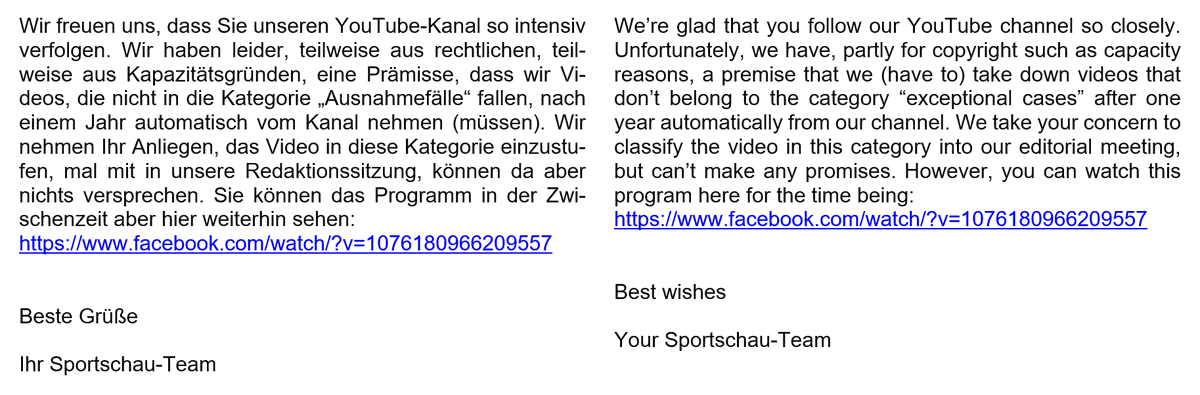 Henni ヘニ 🗝️ (@henni147) on Twitter photo You might have all noticed that Yuzu's LMEY video has disappeared from the Sportschau YT channel. I received an official response mail and translated it to English.
Suggestion: let's spread this tweet here with many RTs and I'll send it to the team.
<a href="/sportschau/">Sportschau</a> #YuzuruHanyu𓃵 You might have all noticed that Yuzu's LMEY video has disappeared from the Sportschau YT channel. I received an official response mail and translated it to English.
Suggestion: let's spread this tweet here with many RTs and I'll send it to the team.
<a href="/sportschau/">Sportschau</a> #YuzuruHanyu𓃵