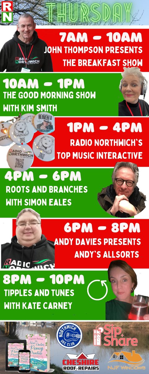 RadioNorthwich's tweet photo. The Thursday team on from 7am txt the studio on 07592 574352 for requests and mentions .. go to our website and make yourself a #VIPMember @KimSmith1959 @Andy_Wrex @ChristieJBarlow @KateCarneyUK @SipandShareUK @barons_quay @NorthwichTC @Directions4Men @TransplantSte https://t.co/MZAeEtOW0c