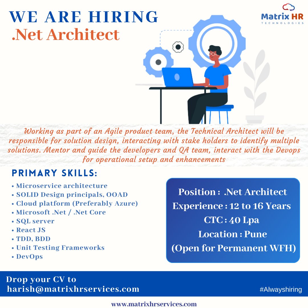 MatrixHRService's tweet image. Matrix HR Technologies Hiring For
.Net Architect
Drop your CV to,
harish@matrixhrservices.com
matrixhrservices.com
#hiring #matrixhrtechnologies #dotnetarchitect #hiringforpune