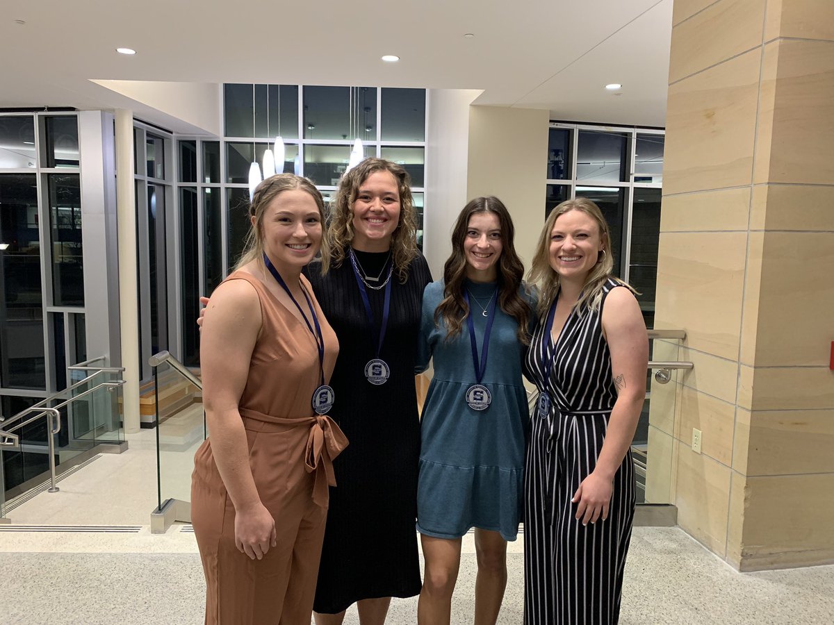 uwstoutsoftball's tweet photo. Congratulations to all the scholar athletes tonight! Special shout-out to our four seniors who maintained a 3.5 GPA for all four years! Congratulations @korin_hall @AddieMurry Shannon Jones, and Madee Kleinschmidt! #StoutProud #StudentAthlete https://t.co/Vvhf4jMpuk