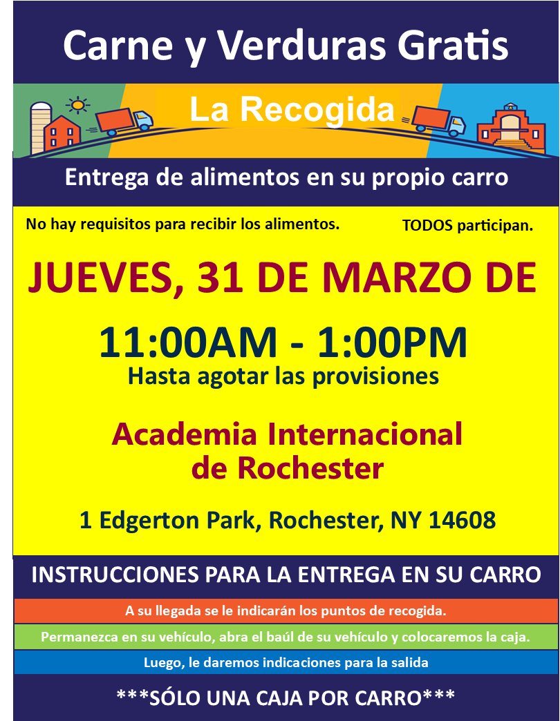 KelliMBriggs1's tweet photo. 2-Day Drive-Thru Food Distribution Events...RCSD/Foodlink Partnership.

Thursday, March 31, 2022, Rochester International Academy, 1 Edgerton Park, Rochester, NY 14608. 

Friday, April 1, 2022, School 53 &amp; School 25, 625 Scio Street, Rochester, NY 14605

11:00AM - 1:00PM for both https://t.co/Btvv3ZPPnH