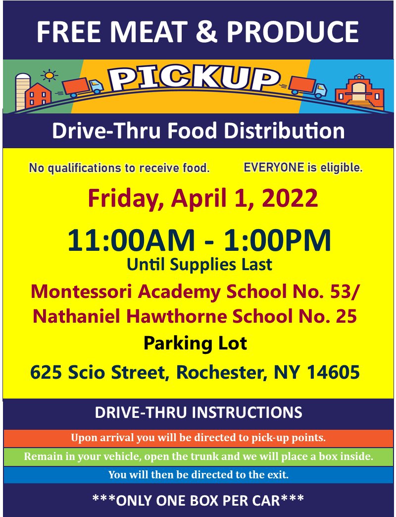 KelliMBriggs1's tweet photo. 2-Day Drive-Thru Food Distribution Events...RCSD/Foodlink Partnership.

Thursday, March 31, 2022, Rochester International Academy, 1 Edgerton Park, Rochester, NY 14608. 

Friday, April 1, 2022, School 53 &amp; School 25, 625 Scio Street, Rochester, NY 14605

11:00AM - 1:00PM for both https://t.co/Btvv3ZPPnH