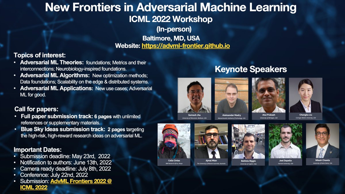 Thrilled to announce the AdvML Frontiers workshop at ICML 2022 to discuss the new frontiers and challenges in adversarial machine learning. I am honored to serve as the student chair and work with organizers <a href="/sijialiu17/">sijia.liu</a> and <a href="/pinyuchenTW/">Pin-Yu Chen</a>.

Website: advml-frontier.github.io